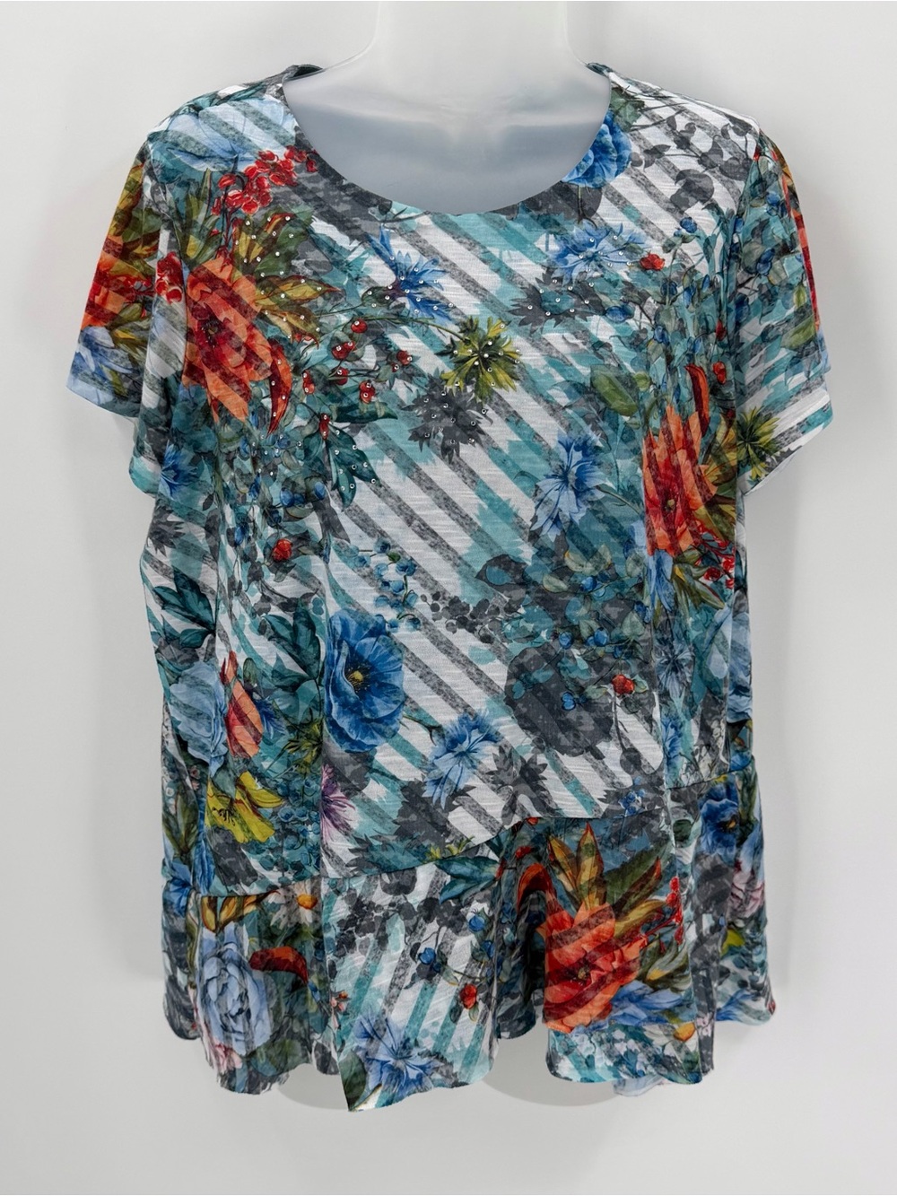 Time And Tru Top Womens L 12-14 Blue Floral Stripe Tee Flutter Sleeve Ruffle Hem